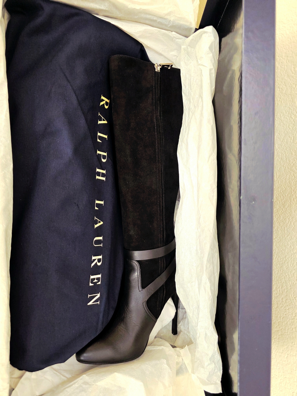 Ralph Lauren Black Leather & Suede Knee-High Stiletto Buckle Boots - Size US 8.5 - Picture 2 of 16